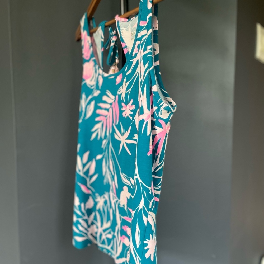 Lilly Pulitzer Teal & Pink Sleeveless Scoopneck Tropical Floral Tank, Tassel Tie - Picture 5 of 10